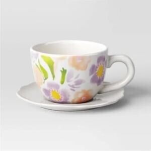 Threshold NWT Stoneware Peek-a-Boo Bunny Floral Stoneware Tea Cup & Saucer Set